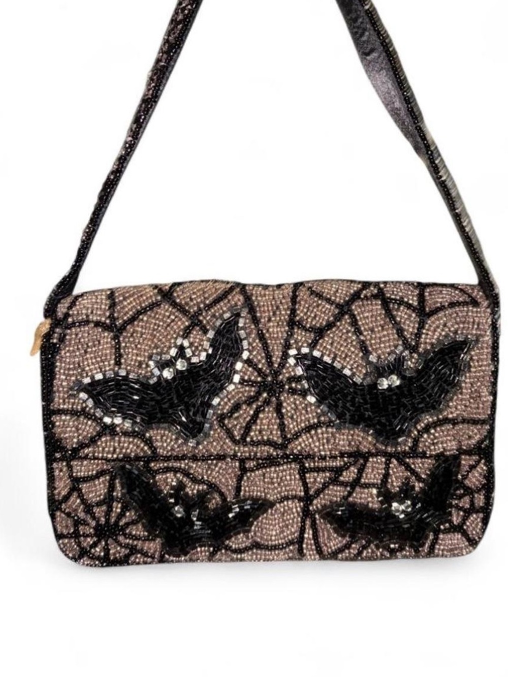Embellished Black Bat Motif Beaded Shoulder Bag